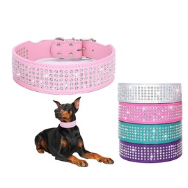 BTDCFY Rhinestones Dog Collars-2" Wide Crystal Diamonds Studded PU Leather 5 Rows Sparkly Crystal Studded Collar for Medium and Large Dog