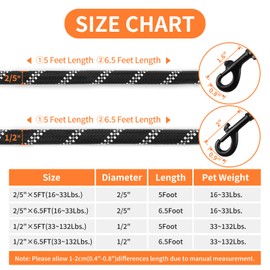 Pet Dog Leash with Highly Reflective Strips, Padded Handle, 360° Swivel Metal Catch.Different Specification.Dog leashes for Large Dogs Heavy Duty，Dog leashes for Medium Dogs (Black, 2/5inch-5FT)