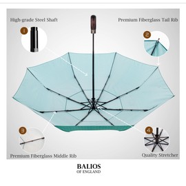 Balios Travel Folding Umbrella with Real Wood Handle Auto Open Close Vented Windproof Canopy - Designed in UK (Herringbone Jade Green)
