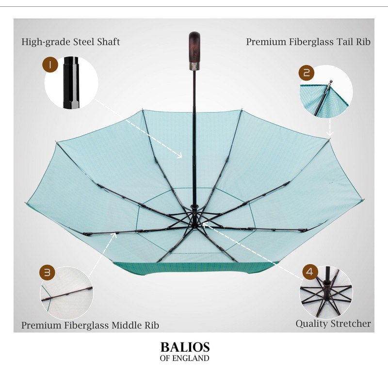 Balios Travel Folding Umbrella with Real Wood Handle Auto Open