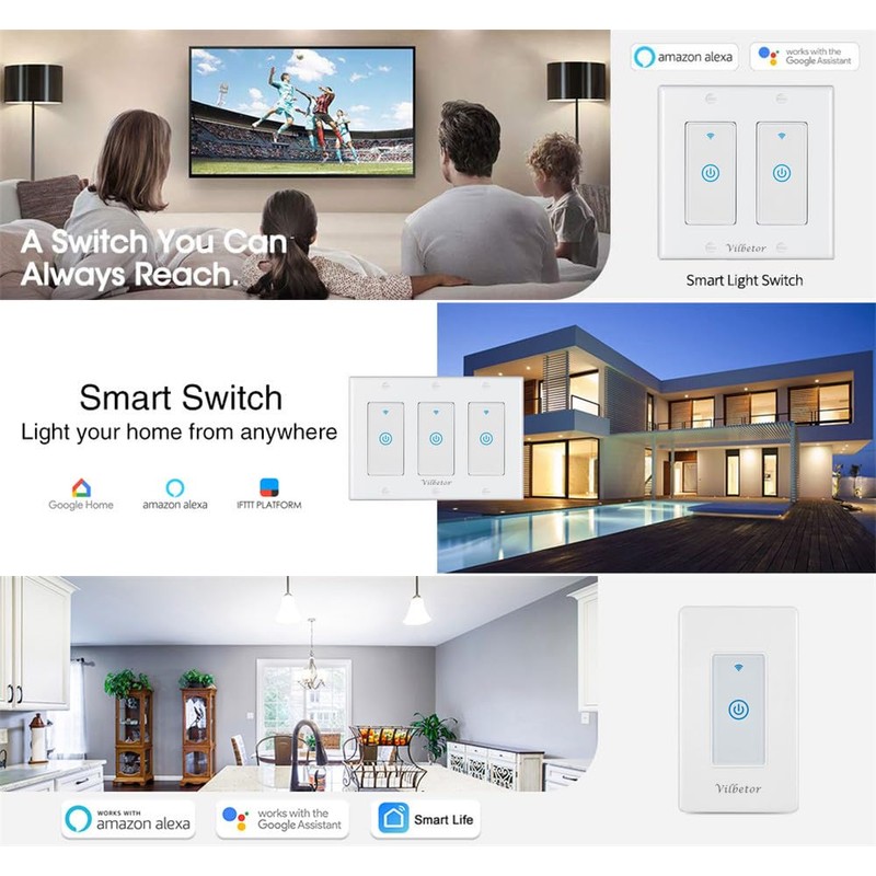 Vilbetor Smart WiFi Switch 4 Pole, Touch, White, ON-AUTOMATIC-ON, Compatible