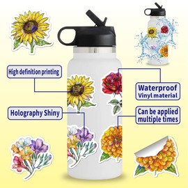 100 PCS Flower Stickers Pack, Holographic & Sparkly Aesthetic Decals for Water Bottle Laptop Scrapbooking Phone, Large Floral Stickers for Adults Women Teens Girls