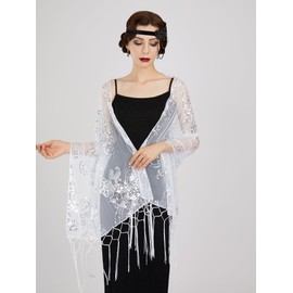 SWEETV Women's 1920s Long Shawl Wraps,Sequin Fringe Flapper Evening Shawls for Women Formal/Party/Wedding/Formal/Harlem night,Roaring 20s Accessories for Women,White