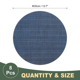 sourcing map 8 Pcs Placemats, 13.7 Inch PVC Placemats Round Braided Place Mats Non-Slip Heat Resistant Place Mats Washable Table Mats for Dining Table Vertical Texture Surface, Dark Blue
