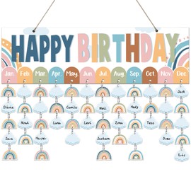 Boho Birthday Reminder Calendar Wall Hanging Decor(16x5in) Rainbow DIY Tracker Calendar Board with 100pcs Wood Tag Birthday Sign Reminder Plaque for Family Classroom Office Bulletin Board
