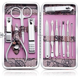 Manicure Set Professional Nail Clippers Kit Pedicure Kit - 12 Pieces Stainless Steel Nail Care Tools Travel Grooming Kit (Pink)
