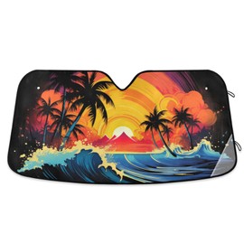 Car Windshield Sun Shade, Beach Sunset View Palm Tree Windshield Sunshades Sun Visor Protector Foldable Blocks UV Rays