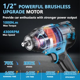 Cordless Impact Wrench High Torque, 740Ft-lbs (1000N.m) 1/2" Brushless Impact Gun, 3000RPM High Torque Gun w/ 2x 4.0 Ah Battery,6 Sockets, Electric Impact Motor Variable Speeds for Car/Truck/RV/Mower