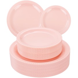 WELLIFE 60PCS Pink Plastic Plates Set-Heavy Duty Pink Plates for Party, Include 30Pcs 10.25inch Pink Dessert Plates, 30Pcs 7.5inch Pink Dinner Plates for Spring Party, Wedding, Mother’s Day