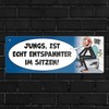 Please sit pee metal sign in blue comic style a
