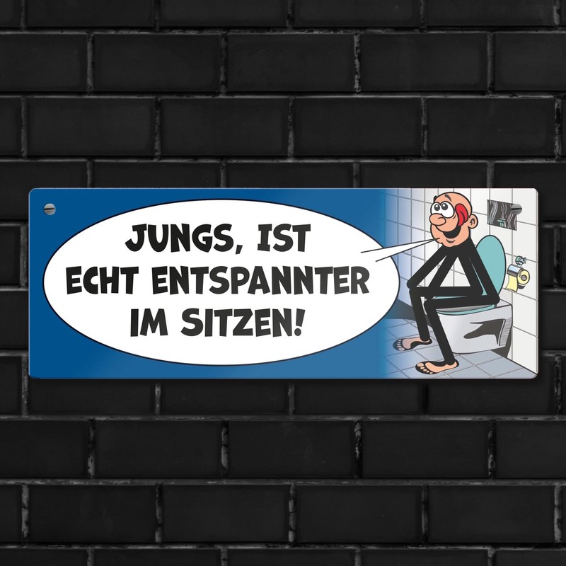 Please sit pee metal sign in blue comic style a