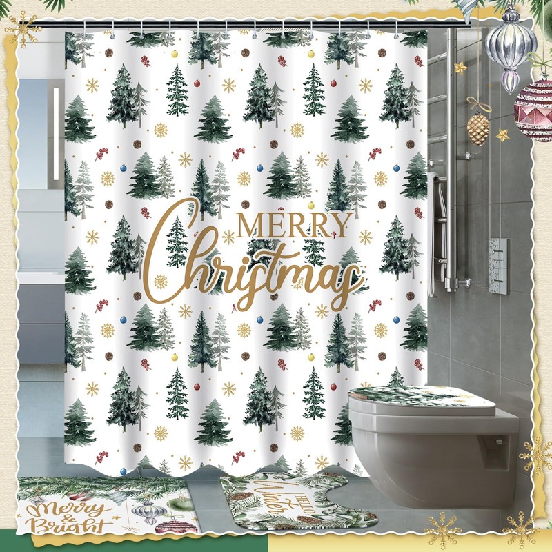 4 Pcs Christmas Shower Curtain Set Winter Xmas Tree Bathroom