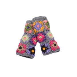 Women Wool Hand Warmers Fleece Lined Hand Crocheted Flower Pattern Multicoloured One-Size Handmade Extra Warm Pachamama Fair Trade