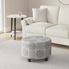 HomePop Home Decor | Upholstered Round Storage Ottoman | Ottoman with Storage for Living Room & Bedroom (Light Grey Medallion) Large