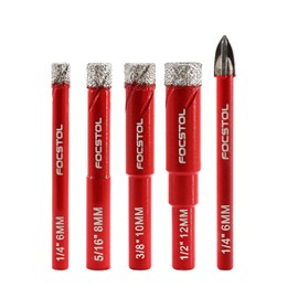 FOCSTOL Diamant Fliesenbohrer - 6/8/10/12mm Diamant Bohrkrone und 6mm Hartmetallbohrer mit Rundschaft für Keramik Porzellan Fliesen Marmor Granit Quarz Packung mit 5