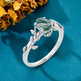 Aihpos Natural Moss Agate Ring Genuine 925 Sterling Silver Oval Cut Green Agate Engagement Rings For Women Branch Promise Wedding Ring,size 12