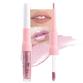 evpct Shimmer Liquid Lipstick Lip Liner Set Combo for Lasting Makeup, Baby Pink Metallic Lips Makeup Sets Dual-ended, Non Sticky Liquid Lipstick with Lipliner High Pigmented Waterproof for Women 02
