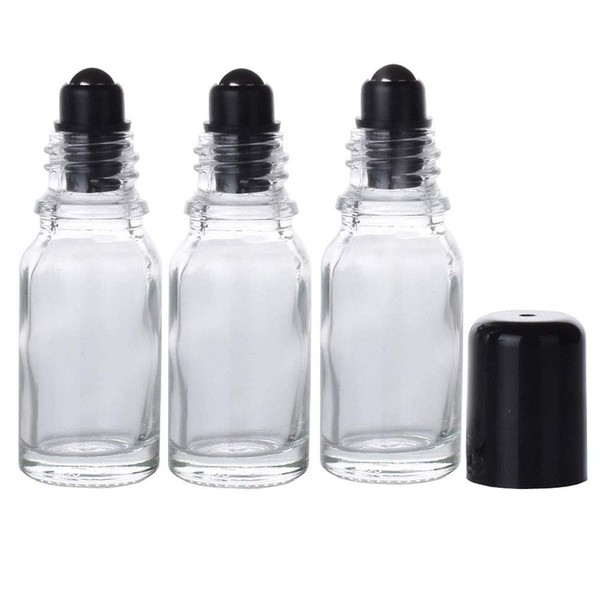 3Pcs 30ML Clear Glass Empty Refillable Roll-On Bottles with Stainless Steel Roller Ball and Black Cap Essential Oil Perfume Eye Essence Fluid Cosmetic Containers Dispense Sample Vials for Beauty