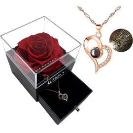 Sepper Rosa roja Real preservada con Collar “I Love You” en 100 Idiomas -Regalos para Mama, Esposa, Novia, Prometida, en el Aniversario de Navidad, Día de la Madre, Regalo de cumpleaños para Mujeres (Caja y Collar)