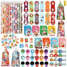 240Pcs Christmas Stationery Party Favors Bulk for Kids Gift Exchange School Set Includes Christmas Pencils Treat Bags Erasers Stickers Stamps Notebooks for Holiday Classroom Gift Exchange Games Prizes