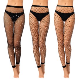 Geyoga 3 Pcs Fishnet Footless Tights Women Glitter Fishnet Stockings High Waist Fishnet Footless Tights Leggings (Large Mesh, Medium Mesh, Small Mesh)