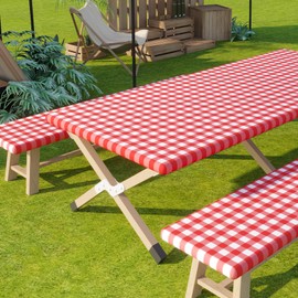 Romanstile Rectangle Vinyl Table Cover with Bench Covers, Flannel Backing Fitted Tablecloth, 100% Waterproof Wipeable Tablecover for Picnic, Camping, Outdoor (Red White, 30x72 Inches 3-Piece Set)