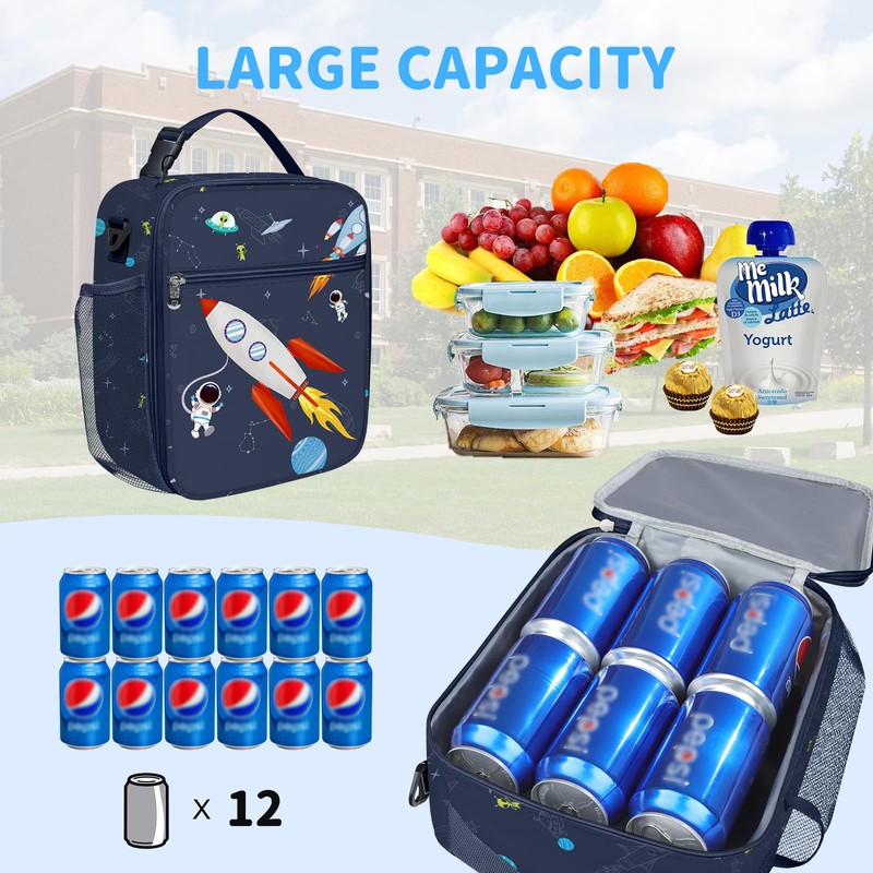 Clastyle Space Rocket Insulated Lunch Bag Children with Bottle Holder,