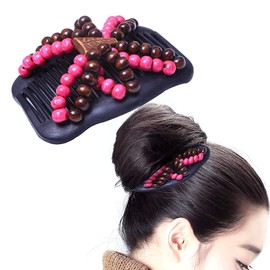 LOVEF 3 Pcs Women Magic Hair Combs Wood Beaded Stretch Double Side Combs Clips Bun Maker Hair Accessories Random Color