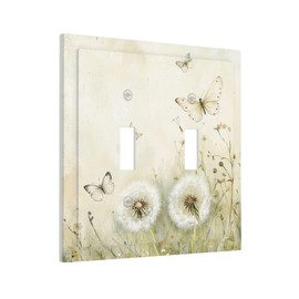 Xuejiaku Decorative Light Switch Cover Beige Butterflies Dandelions Wildflowers 2 Gang Wall Plates Double Toggle Switch Plate Decora Electrical Outlet Cover Faceplates for Bathroom Bedroom Decor