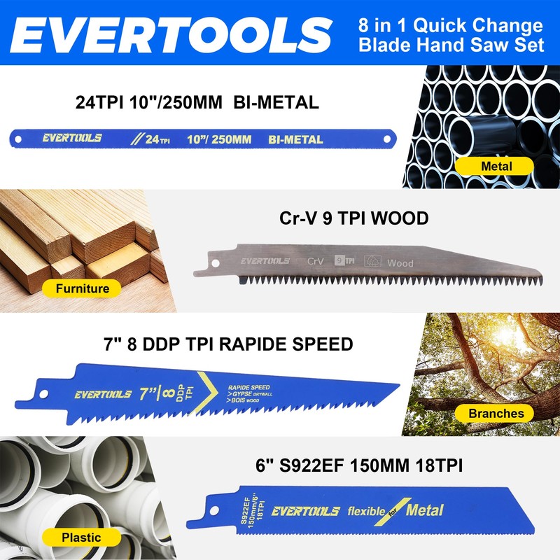EVERTOOLS 8-in-1 Multi-Blade Hand Saw, Small Hacksaw, Long Handsaws, Jab