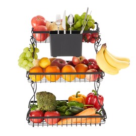 VEVOR 3 Tier Fruit Basket, Countertop Fruits Vegetable Bowl with Banana Hangers and Side Storage Basket, Metal Wire Storage Stand for Kitchen Counter, Holder Organizer for Bread Snack Veggies, Black