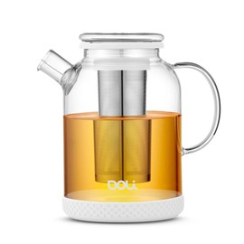 Doli 1.5 litre teapot with strainer insert, for 1-8 cups of tea, long stainless steel strainer for pure aroma, fireproof and dishwasher safe, white