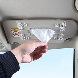 Car Tissue Holder - Tissues Box, PVC Leather Car Tissue Holder Box with Floral Design and Rhinestones, Tissues Holders Sun Visor, Hanging Paper Towel Clips Holders, Compact Paper Box for Seat Armrest