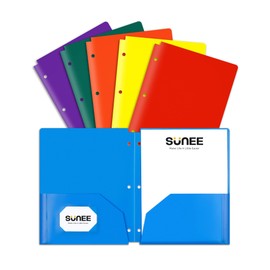 SUNEE 3 Hole Pocket Folders (Assorted Color, 6 Pack) Plastic Pocket Folders for 3 Ring Binder, 3-Hole Punched Folders with Pockets, for Kids, Students, Teachers, Office Staff