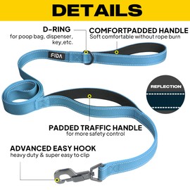 Fida Heavy Duty Dog Lead for Medium/Large Dogs, 1.2 m / 4 ft Double Handle Dog Lead for More Control, Reflective Dog Leads for Daily Walks & Training (Blue)
