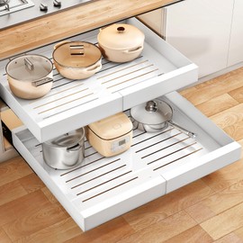 Wider Pull out Cabinet Organizer, Expandable(13.6"-24") Heavy Duty Peel and Stick Roll out Drawer for Pots and Pans, Adjustable Adhesive No Drill Screw Slide out Shelf Storage for Home Kitchen Pantry