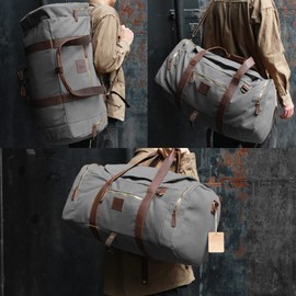 Densata Vintage Canvas Duffle Bag, 50L Genuine Leather Travel Duffel Backpack Multifunctional Overnight Weekender Bag with Shoes Compartment Men (Grey)
