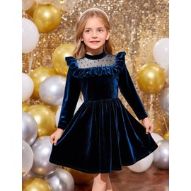 Arshiner Toddler Christmas Dress Navy Blue Velvet Dresses Girls Long Sleeve Princess Birthday Party Gown Formal Fall Winter Clothes 4T