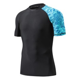 HUGE SPORTS Men's Splice Sun Protection Rash Guard Short Sleeves(Blue Pictogram,XL)