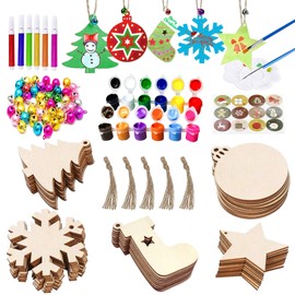 51Pcs Unfinished Wooden Christmas Ornaments 5 Styles Tree Ornaments Decorations DIY Arts and Crafts Christmas Crafts for Kids with 50 Colorful Bells 6 Color Pens 2 Color Paint Set 1 Gift Box
