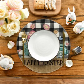 Artoid Mode Happy Easter Round Placemats Set of 4, 14 Inch Eggs Trucks Spring Round Table Mats for Easter Party Kitchen Dining Decoration