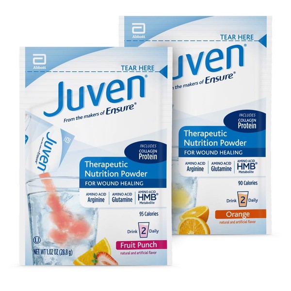 Juven Therapeutic Nutrition Drink Mix Powder for Wound Healing Support, Includes Collagen Protein, Orange and Fruit Punch, 30 Count