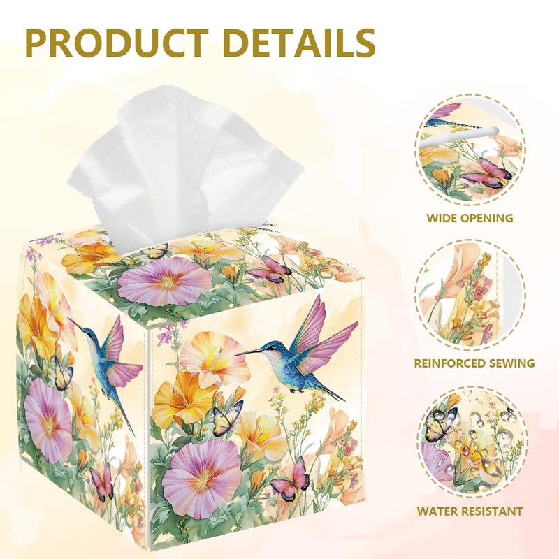 DELORIGIN Flowers Tissue Box Holder, Hummingbird Square Tissue Box Cover