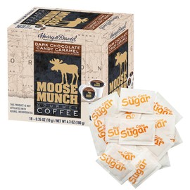 Brickhouse Coffee & Sugar Bundle, 18 Count Flavored Coffee Pods Compatible with Keurig and 18 White Sugar Packets (18 Count, Moose Munch Dark Chocolate Candy Caramel)
