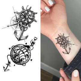 Oottati 2 Sheets Tiny Small Temporary Tattoos For Women Men Finger Hands Neck Wrist Face, Cute Long Lasting Cartoon Fake Tattoo Stickers For Kids Boys Girls Anchor Compass Rudder Ship