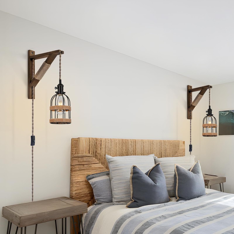SEEBLEN Rustic Plug in Pendant Lights Set of 2,Farmhouse Wooden