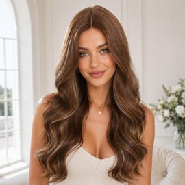 Brown Highlight Lace Front Wig 24 Inch Long Wavy Synthetic Wig