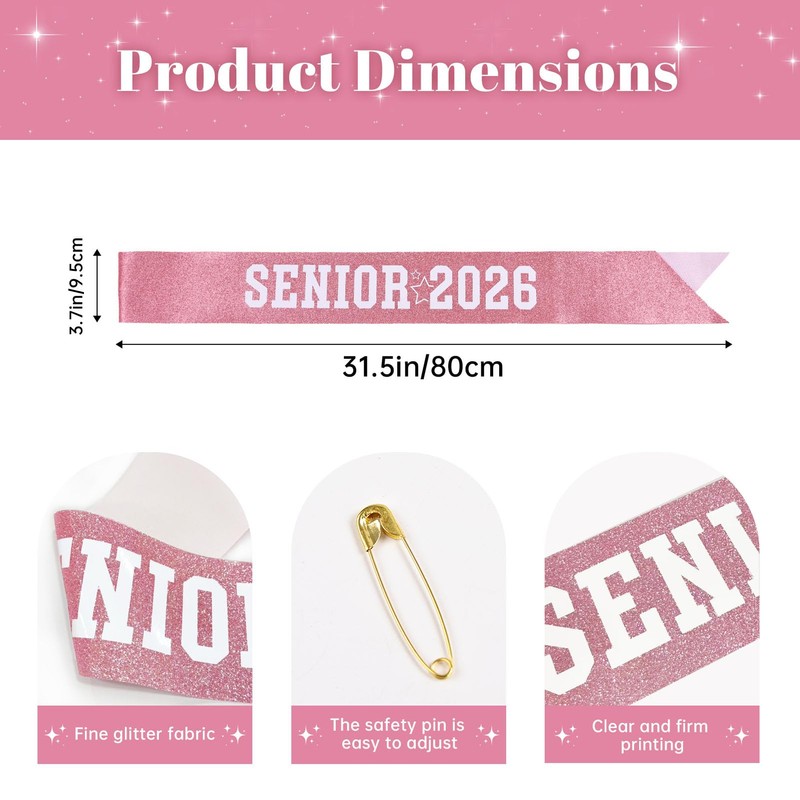 6Pcs Pink Senior 2026 Sash, Senior Cheer Glitter Sash with