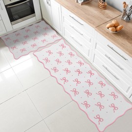 Tinideya Pink Bow Kitchen Rug Mat Set of 2 Scalloped Cute Non Slip Kitchen Rug Coquette Aesthetic Room Decor Preppy Carpet Mat for Office Floor Sink Laundry 17" x 30", 17" x 47"