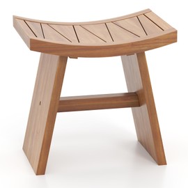 Giantex Teak Wood Shower Bench, Waterproof Shower Stool with Curved Seat for Inside Shower, Spa Bathing Step Foot Rest, Bathroom Stool for Elderly Seniors, Indoor and Outdoor Use, 18" x 13" x 17.5"